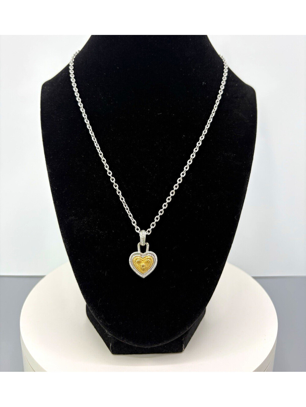 Silver Tone Round Link Chain Necklace Gold Tone Heart Charm Pendant Love